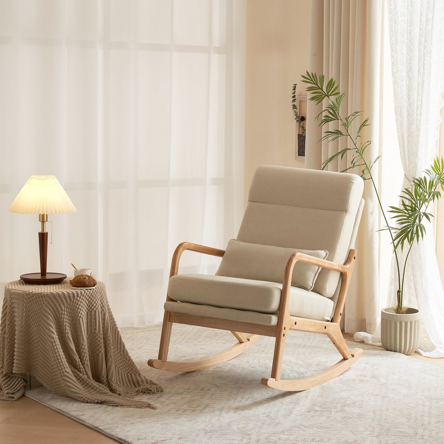 100*65*101cm High Back Belt Waist Pillow Log Color Solid Wood Armrest Backrest Seat Frame Iron Frame Indoor Rocking Chair/armchair dual use Off-white Linen