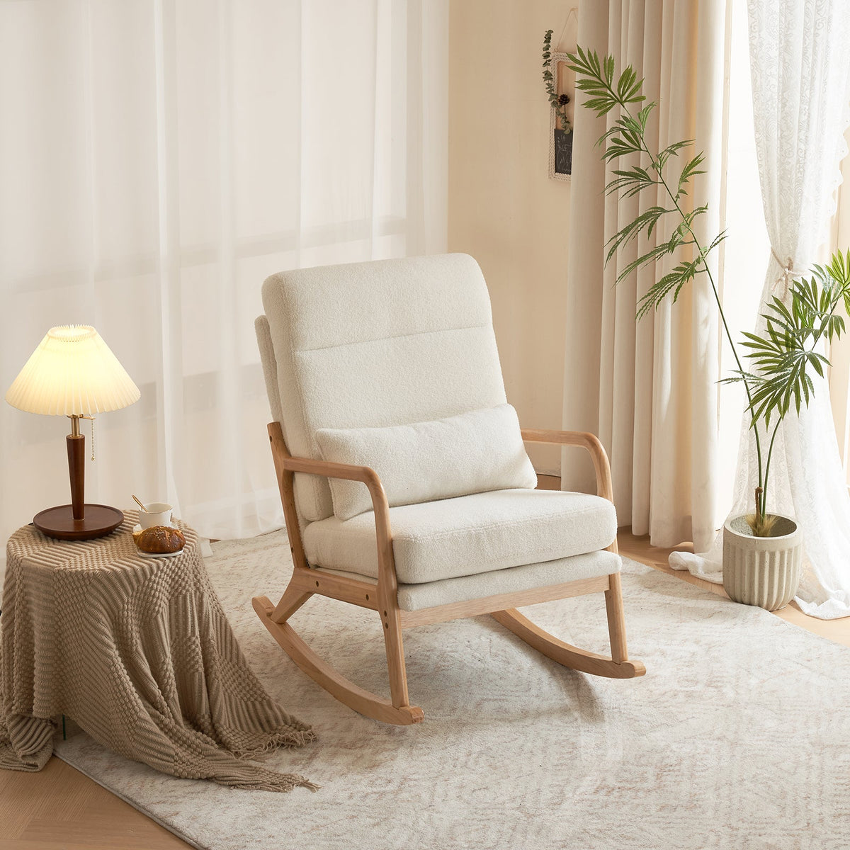 100*65*101cm High Back Belt Waist Pillow Log Color Solid Wood Armrest Backrest Seat Frame Iron Frame Indoor Rocking Chair/armchair dual use Off-White Teddy Fleece