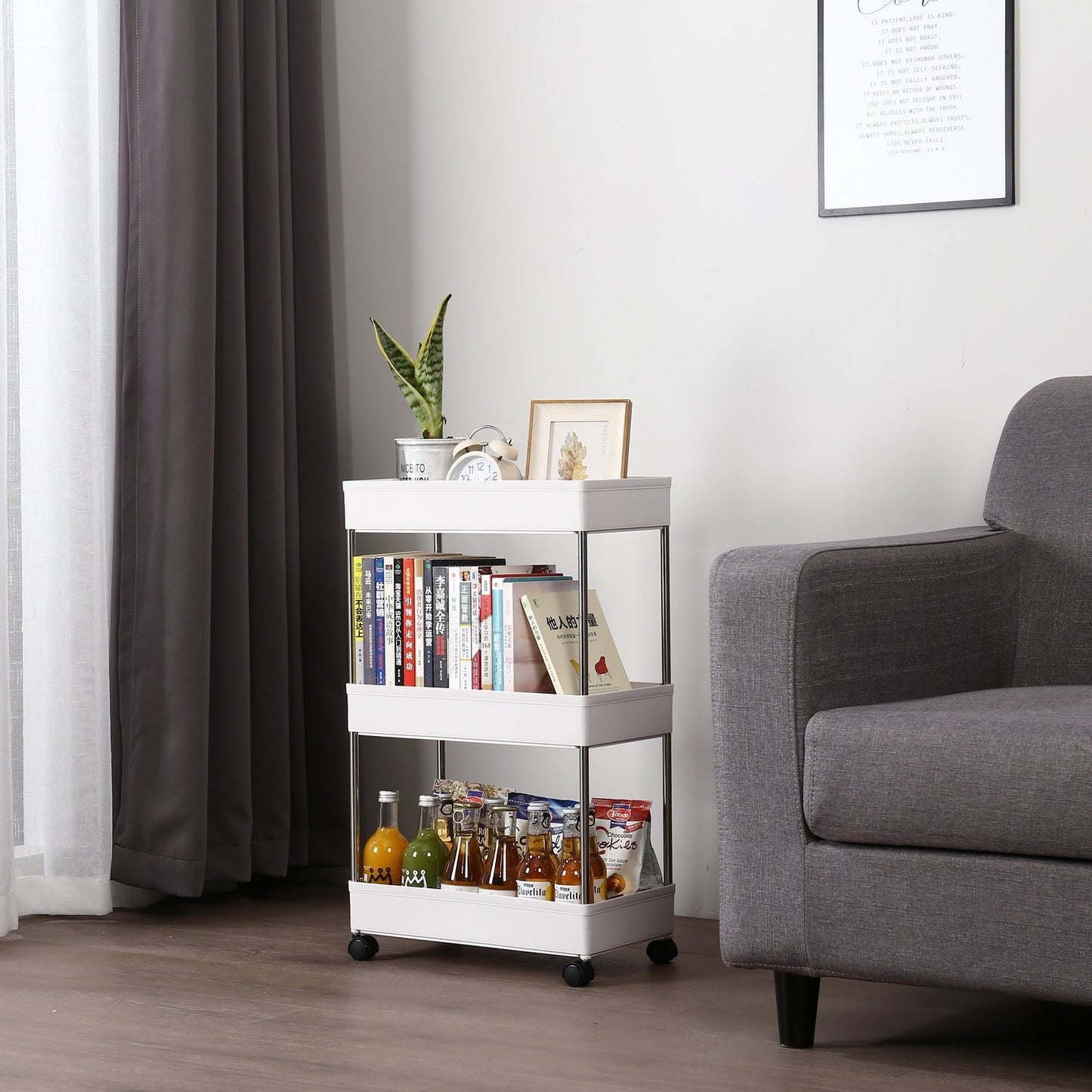 3-Layer Mobile Multi-functional Storage Cart,Suitable for Kitchen, Bathroom, Laundry Room Narrow Place, Plastic and Stainless Steel, White