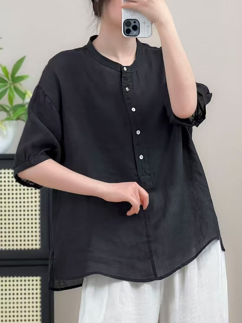 New Summer Ramie Shirt with Half-Button Closure, Artistic Round Neck, Simple Loose Fit Pullover Shirt with Mid-Sleeves