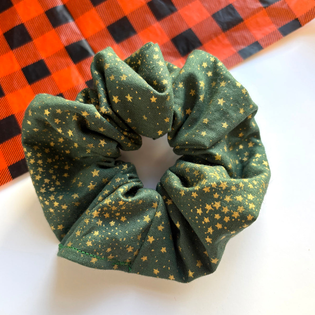 Green or red with gold glitter star Christmas large cotton scrunchie