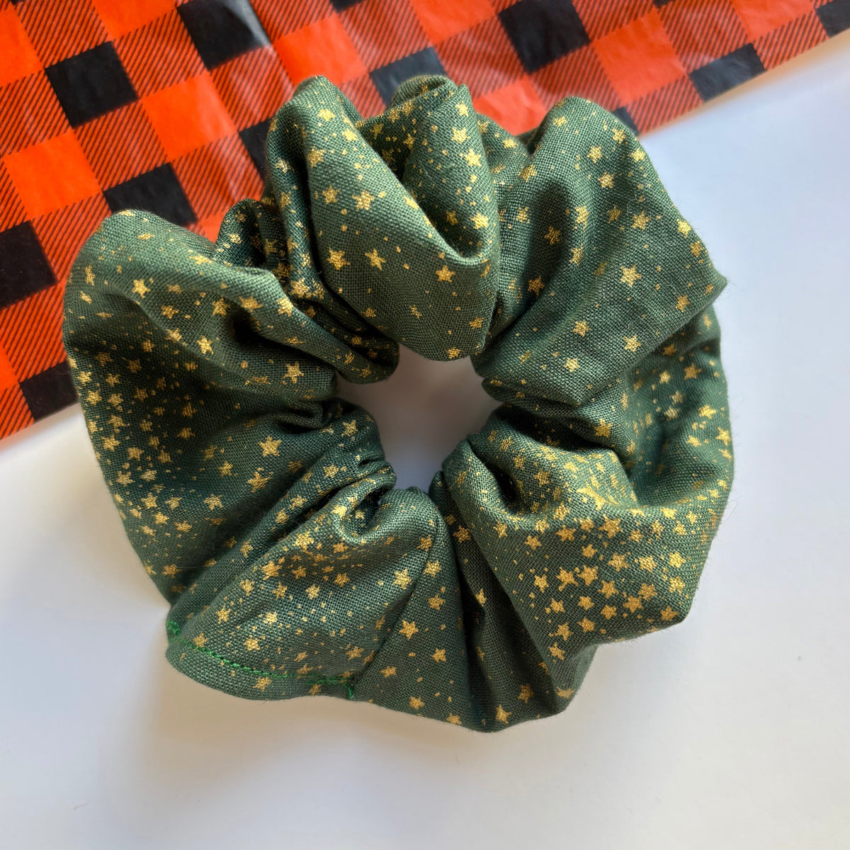 Green or red with gold glitter star Christmas large cotton scrunchie
