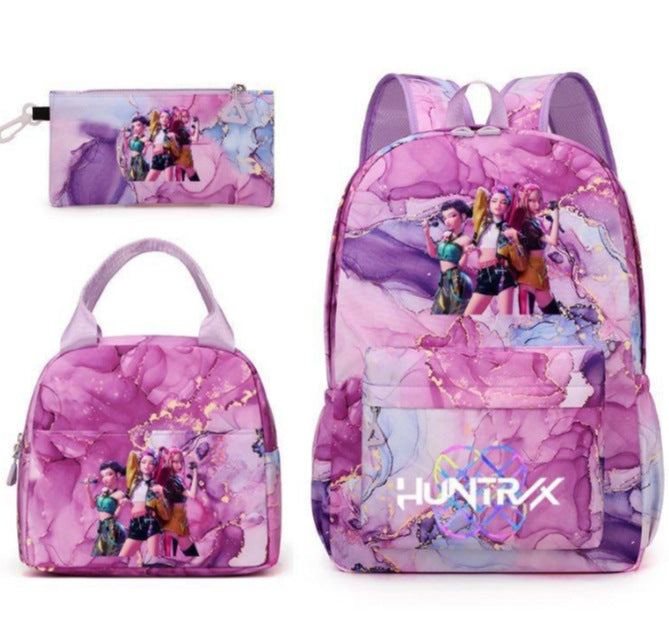 Kpop School Bag Cross-Border Hunting Girl Group Student Three-Piece Set School Bag Large Capacity Backpack Lightweight Cartoon School Bag