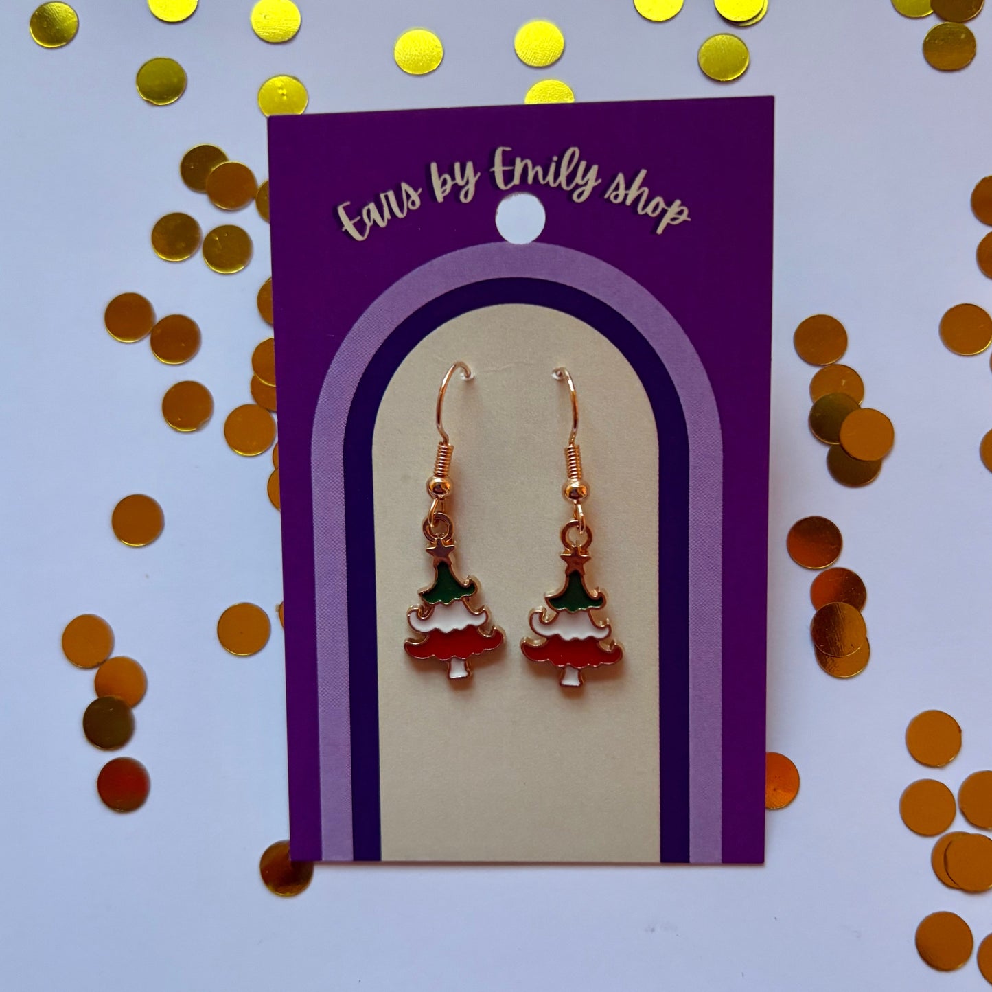 Green red white Christmas Tree gold earrings