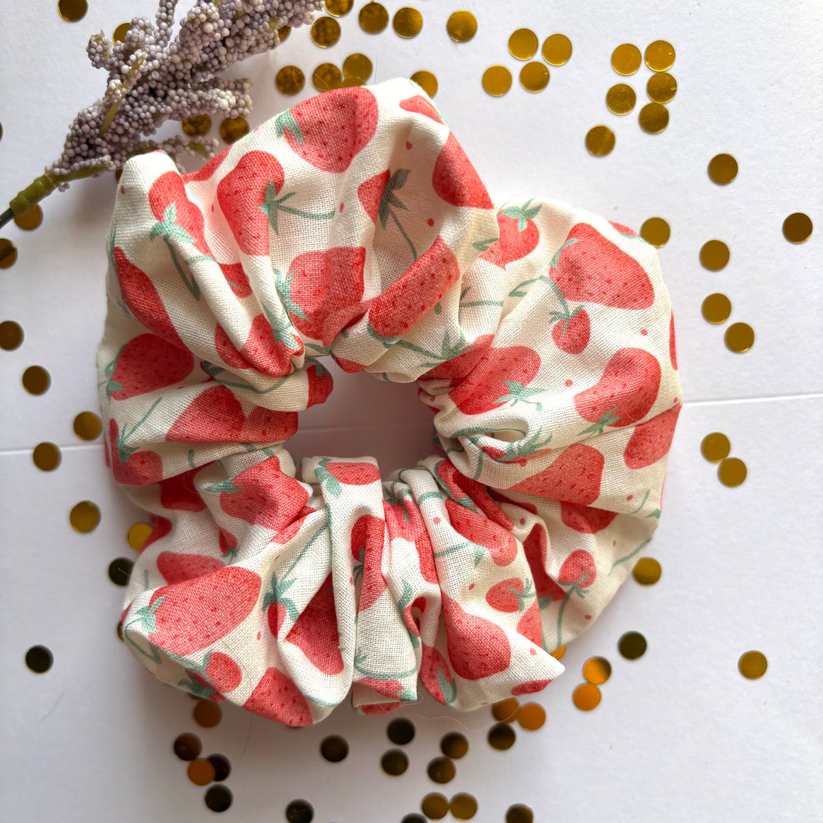 Handmade large white and red strawberry scrunchie