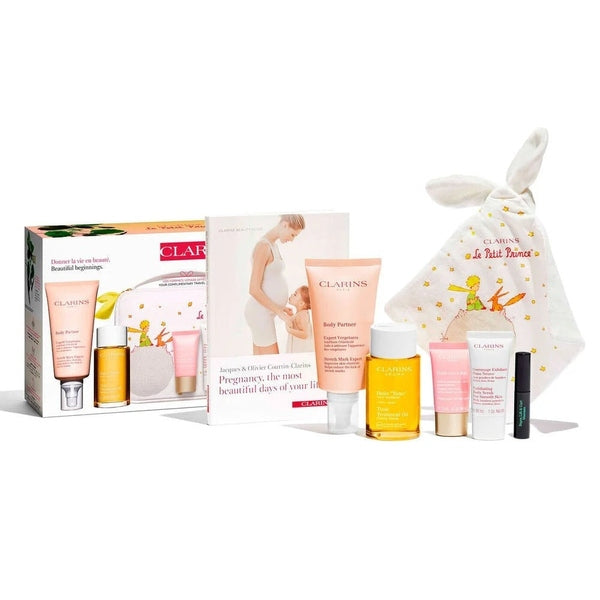 Clarins Beautiful Beginnings Gift Set 175ml Stretch Mark Expert + 30ml Exfoliating Body Scrub + 15ml Multi-Active Day Cream + 100ml Tonic Treatment Oil + 3ml Supra Lift & Curl Mascara + Comforter