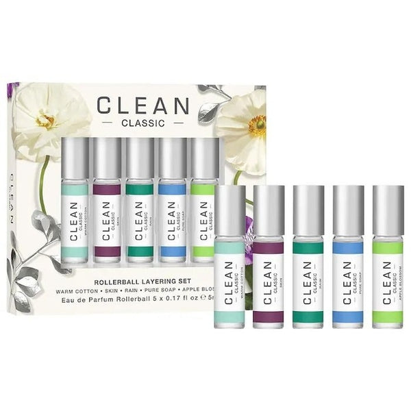 Clean Classic Rollerball Layering Gift Set 5ml Warm Cotton EDP + 5ml Skin EDP + 5ml Rain EDP + 5ml Pure Soap EDP + 5ml Apple Blossom EDP