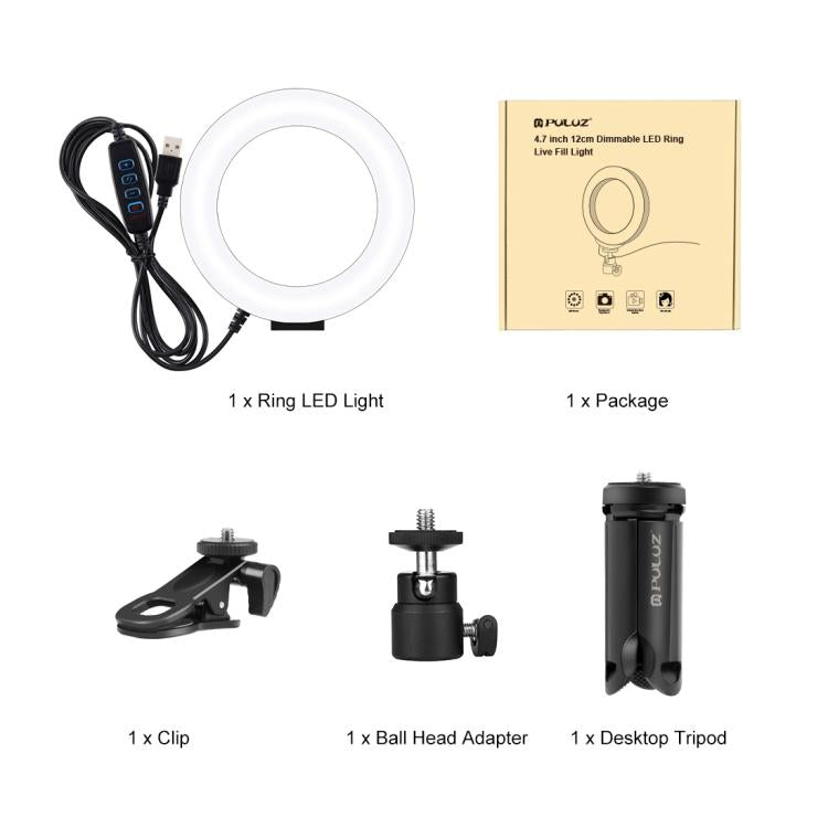 PULUZ 4.7 inch 12cm Ring Selfie Light 3 Modes USB Dimmable Dual Color Temperature LED Curved Vlogging Photography Video Lights with Monitor Clip Holder, 4.7 inch 12cm