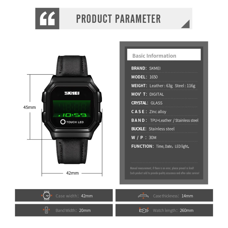 SKMEI 1650 Leather Strap Version LED Digital Display Electronic Watch with Touch Luminous Button, Leather Strap Version
