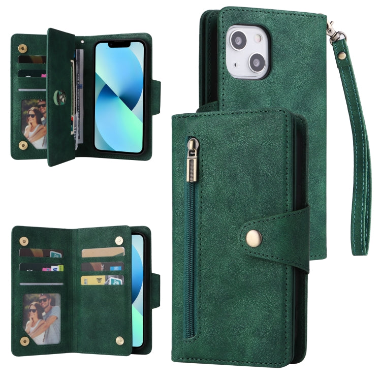 Rivet Buckle 9 Cards Three Fold Leather Phone Case, For iPhone 12, For iPhone 12 mini, For iPhone 12 Pro Max, For iPhone 13 mini