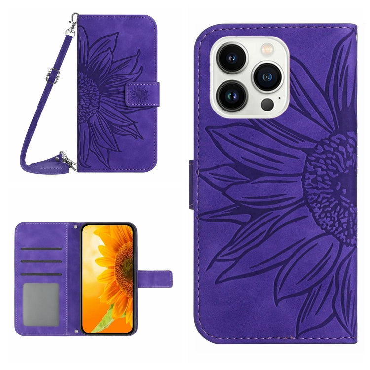 Skin Feel Sun Flower Embossed Flip Leather Phone Case with Lanyard, For iPhone 16, For iPhone 15 Pro Max