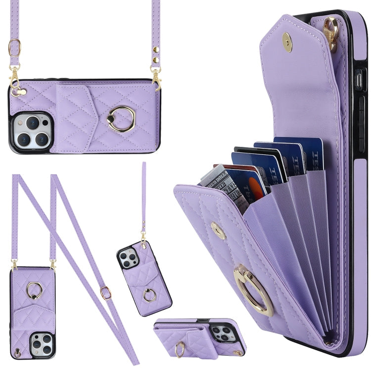 Rhombic Texture Card Bag Phone Case with Long Lanyard, For iPhone 14 Pro Max, For iPhone 13 Pro Max, For iPhone 13 Pro