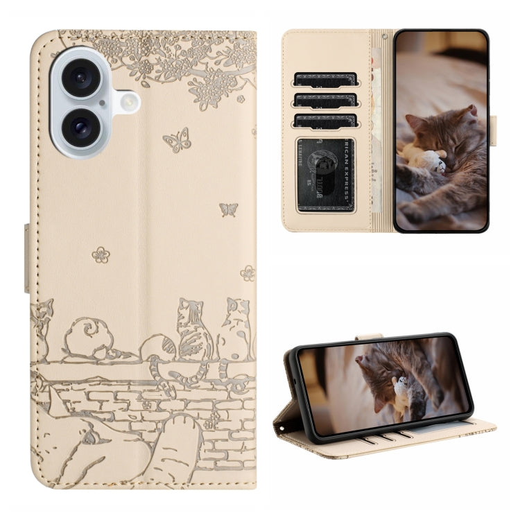 Cat Embossing Pattern Leather Phone Case with Lanyard, For iPhone Air, For iPhone 16 Pro Max, For iPhone 16 Pro, For iPhone 16 Plus