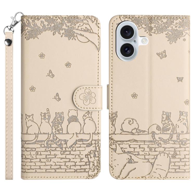 Cat Embossing Pattern Leather Phone Case with Lanyard, For iPhone 16e / 17e, For iPhone 17 Pro Max, For iPhone 17 Pro, For iPhone 17