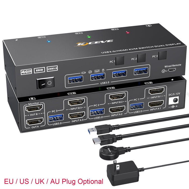 KC-KVM302AS 4K 60Hz USB3.0 / HDMI Dual Monitors KVM Switch, EU Plug, EU Plug
