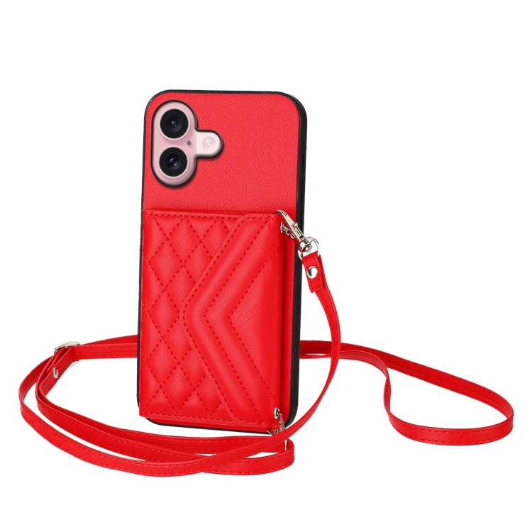 Rhombic Texture Card Bag RFID Phone Case with Long Lanyard, For iPhone 16 Pro Max, For iPhone 16 Pro, For iPhone 16 Plus, For iPhone 16