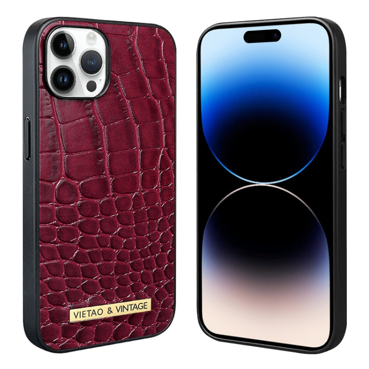 Red alligator texture phone case for iPhone 14 Pro Max with VIETAO & VINTAGE branding.