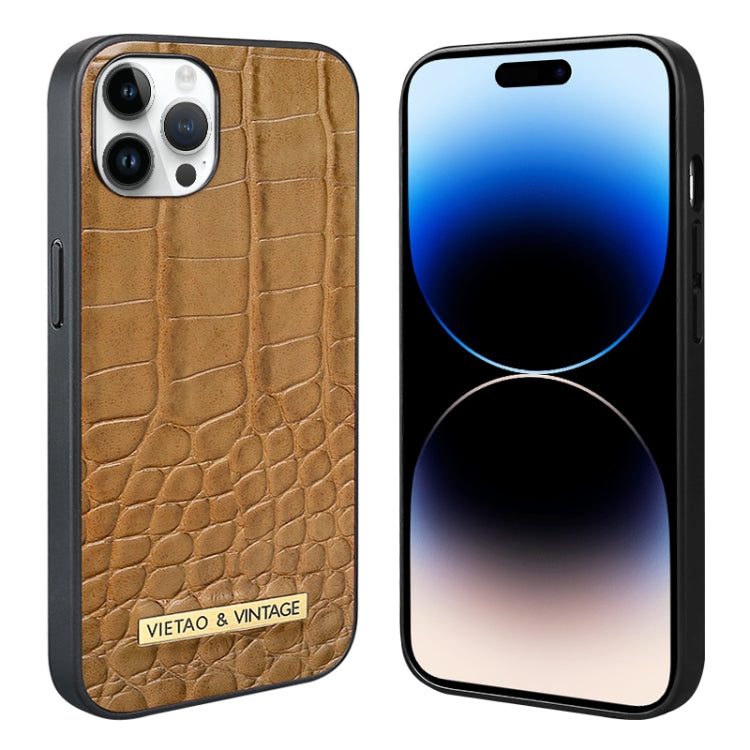 Brown alligator texture phone case for iPhone 14 Pro Max with VIETAO branding.