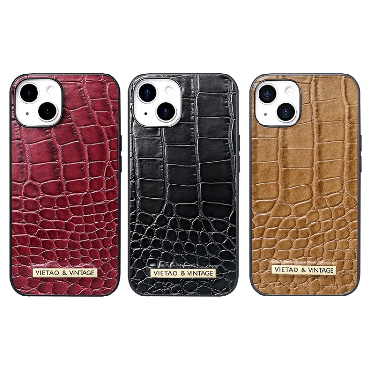 Brown VIETAO alligator texture PU leather phone case for iPhone 13 Pro with metallic branding and reinforced corners