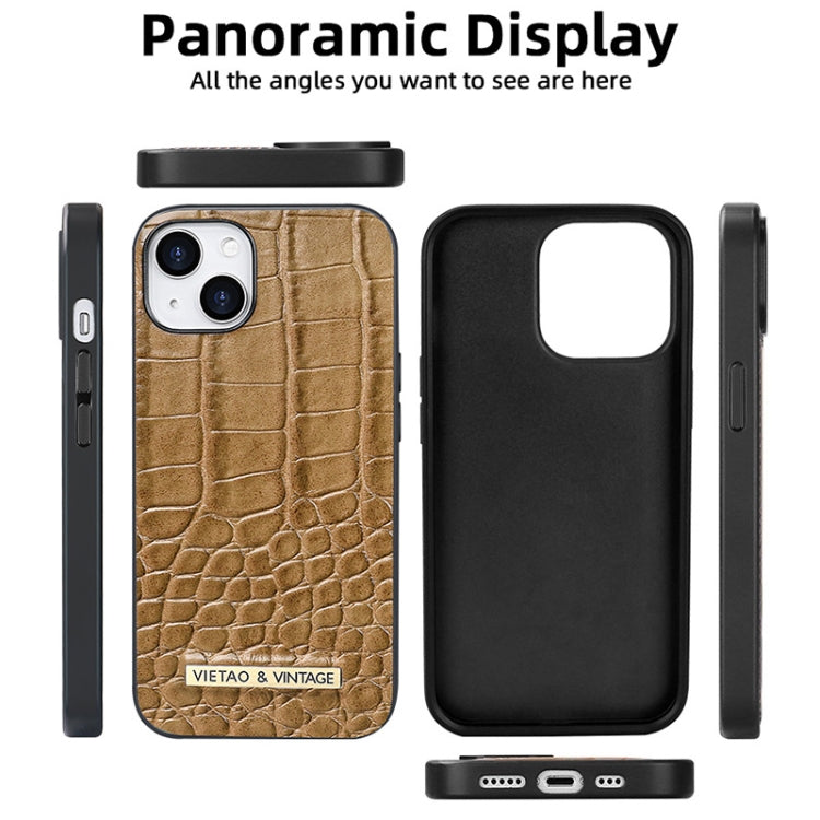 Brown VIETAO alligator texture PU leather phone case for iPhone 13 Pro with metallic branding and scratch-resistant finish