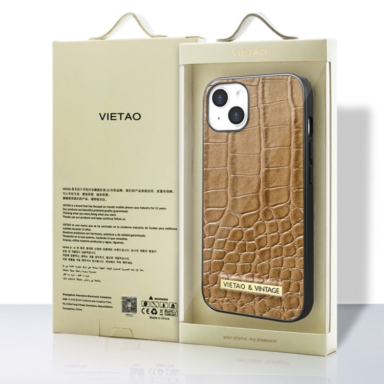 Red VIETAO alligator texture PU leather phone case for iPhone 14 Pro Max with metallic branding and corner protection