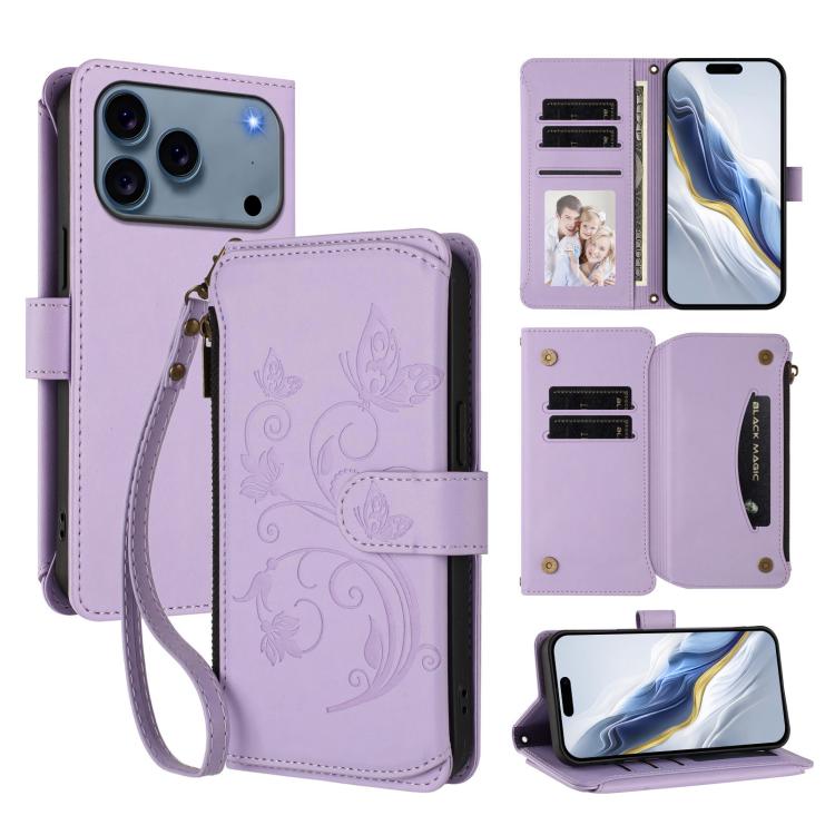 Butterfly Love Flower Multi-card Zipper Wallet Leather Phone Case, For iPhone 17e / 16e, For iPhone 17 Pro Max, For iPhone 17 Pro