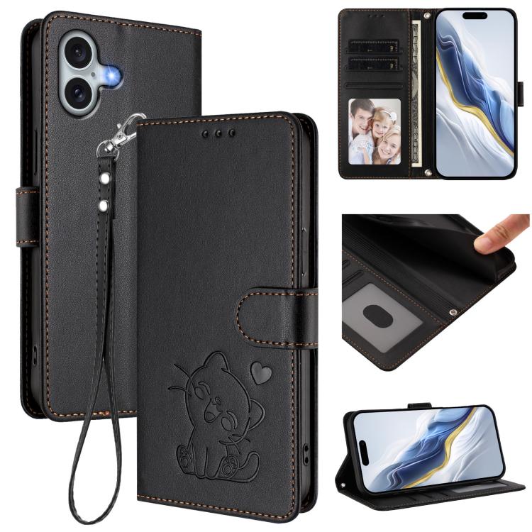Embossed Heart Cat Leather Phone Case with Hand Strap, For iPhone 16 Pro, For iPhone 16 Plus