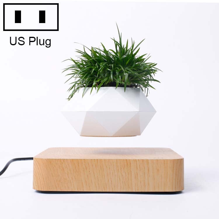 Diamond Plastic Flower Pot + Dark Wood Grain Base Magnetic Levitation Potted Plant Home Decoration, US Plug, Dark Wood Grain US Plug, Light Wood Grain US Plug