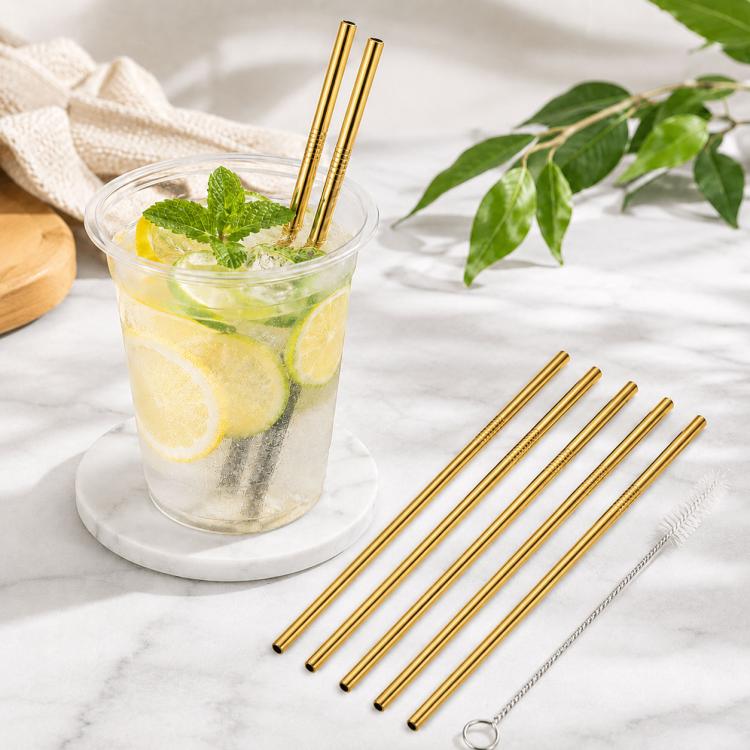 5pcs Reusable Stainless Steel Straight Drinking Straw + Cleaner Brush Set Kit, 215*8mm, 215*8mm (Straight)