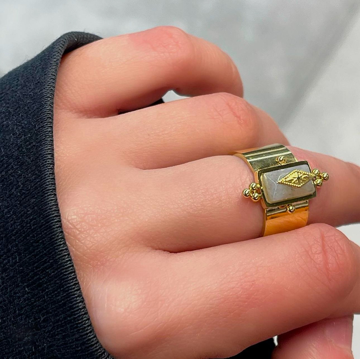 Luna Wide Band Irregular Grey Crystal Ring