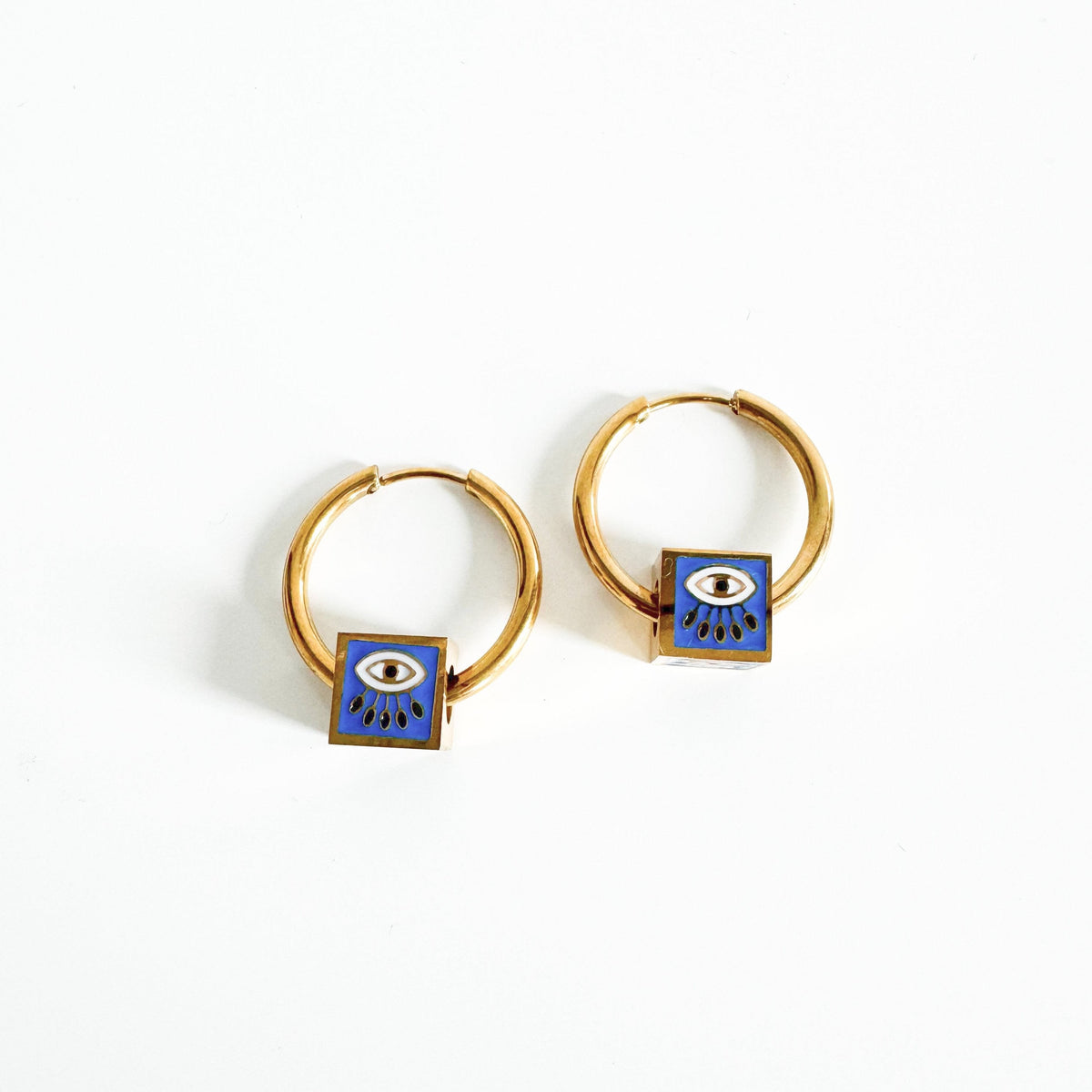 Jameela Luxe 18k Gold Plated Cobalt Evil Eye Charm Hoop Earrings