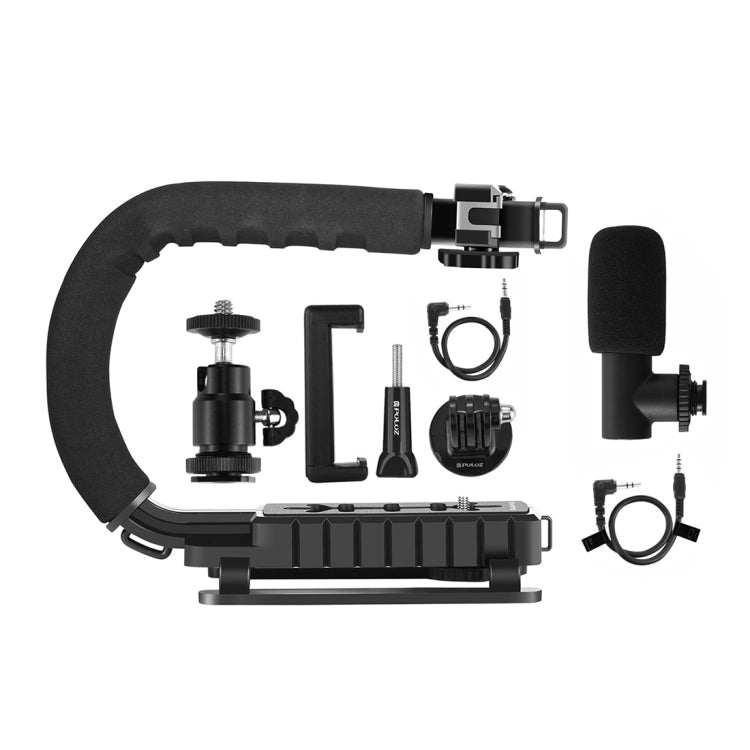 PULUZ U/C Shape Portable Handheld DV Bracket Stabilizer + Video Shotgun Microphone Kit with Cold Shoe Tripod Head for All SLR Cameras and Home DV Camera, Bracket Kits + Mic