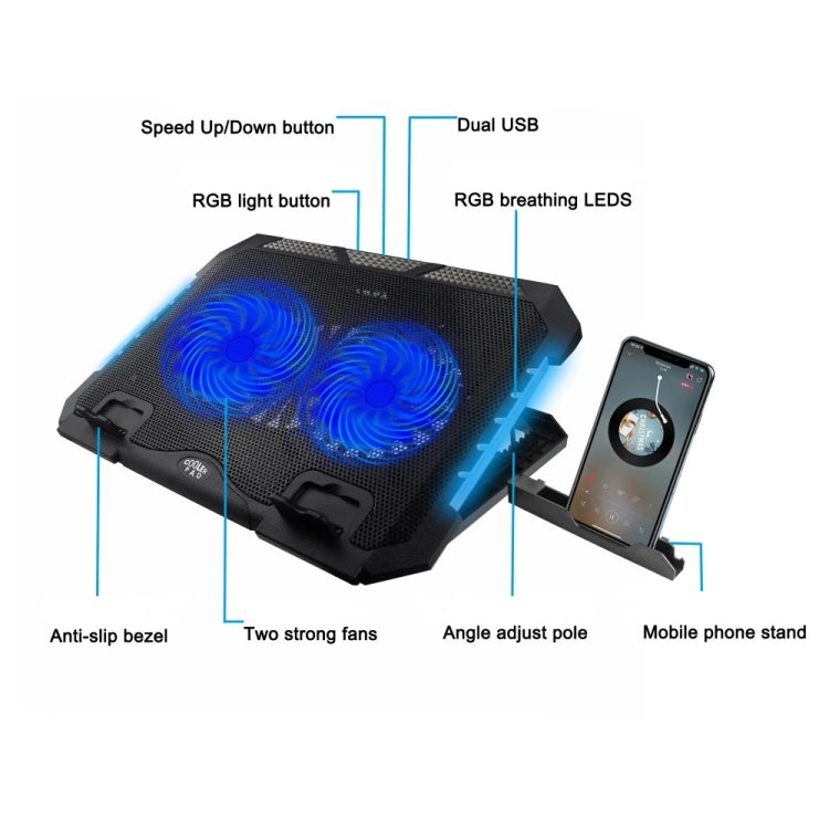 S900 Dual USB Ports Adjustable Height RGB Laptop Cooling Pad Stand, S900
