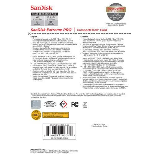 SanDisk 32GB Extreme Pro CompactFlash Memory Card
