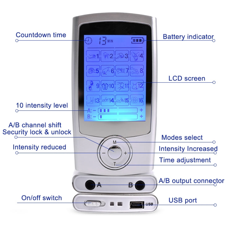 16 Mode Digital Electronic Pulse Massager Muscle Stimulator Pain Relief Machine