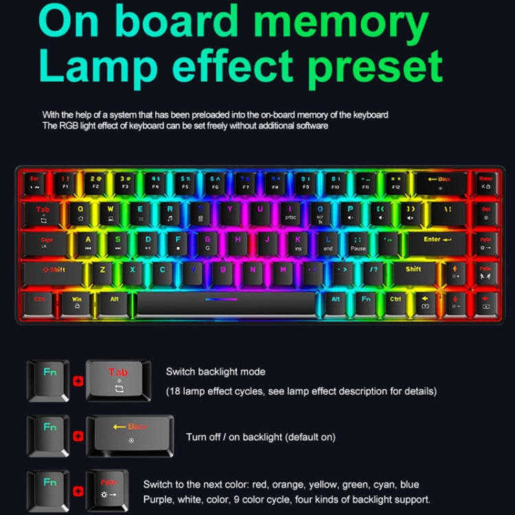 ZIYOU LANG T8 68 Keys RGB Luminous Gaming Mechanical Keyboard, Cable Length:1.6m, T8 Black Green Shaft, T8 Black Tea Shaft, T8 White Green Shaft, T8 White Red Shaft, T8 Blue Green Shaft, T8 Pink Green Shaft