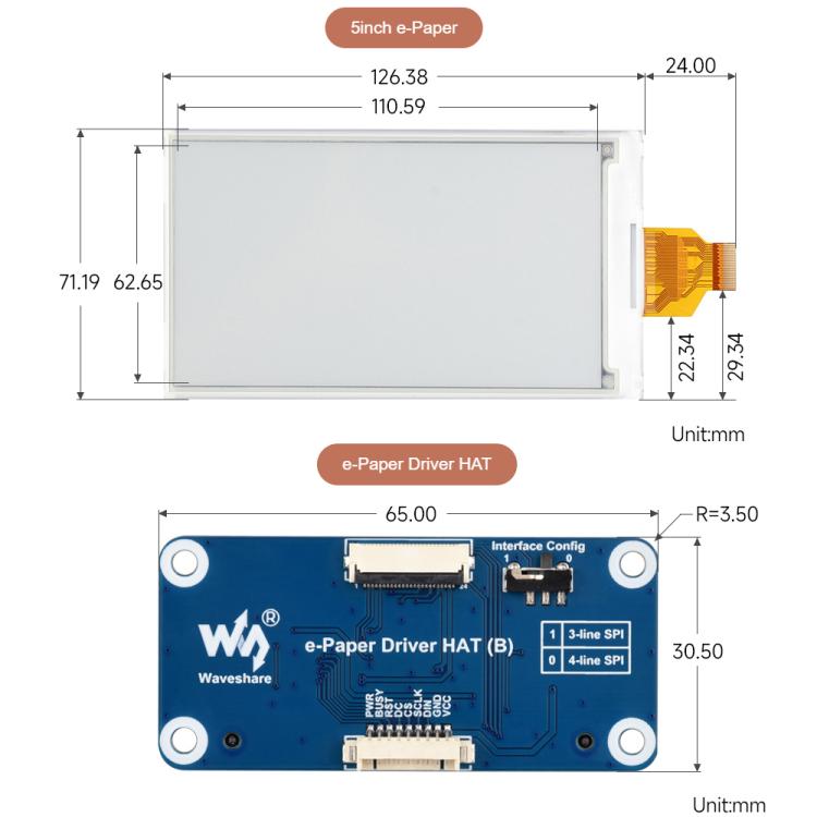 Waveshare 5inch E-Paper Display 960×552 Resolution, SPI Interface Compatible With Raspberry Pi GPIO, Display Only, With Driver HAT