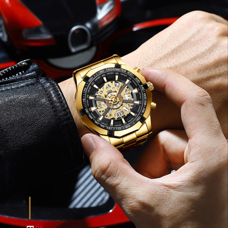 BINBOND S033 Hollowed Mechanical 30m Waterproof Luminous Quartz Watch, Black Steel-Black-Gold, Black Steel-Black-Rose Gold, Full Gold-Black-Gold, Blue Steel-Blue
