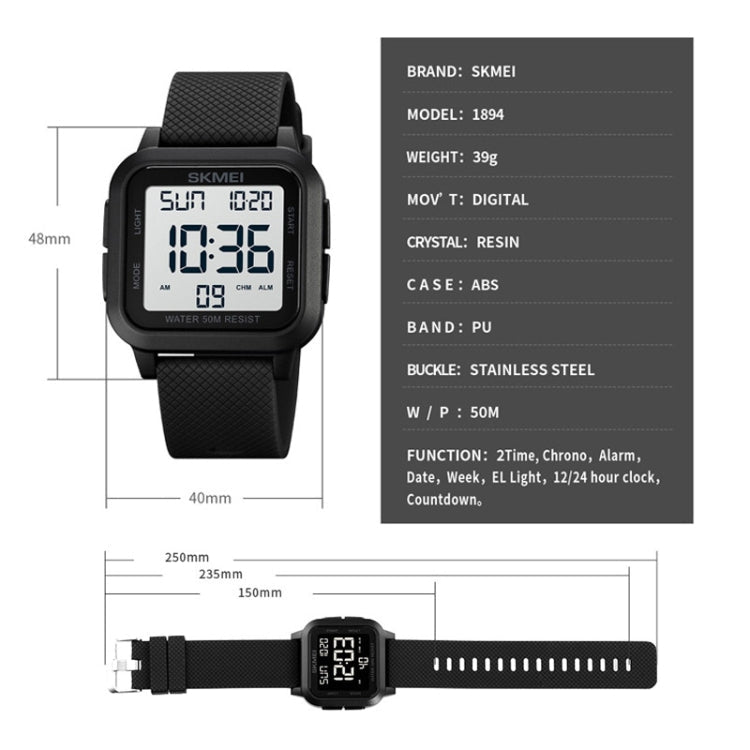 SKMEI 1894 Square Sports Waterproof Student Simple Multifunctional Luminous Watch, 1894