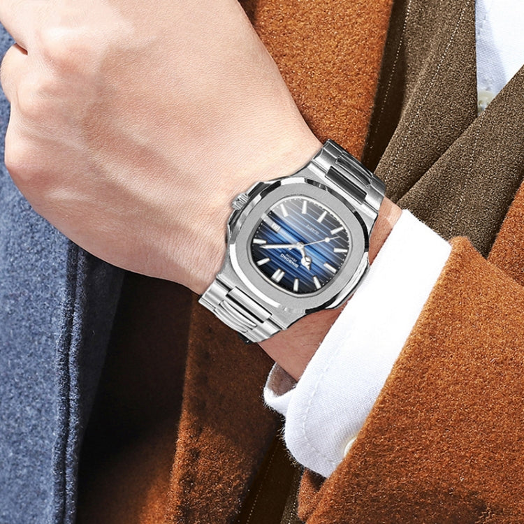 BINBOND B1885 30m Waterproof Retro Luminous Square Men Quartz Watch, Black Steel-Blue-White