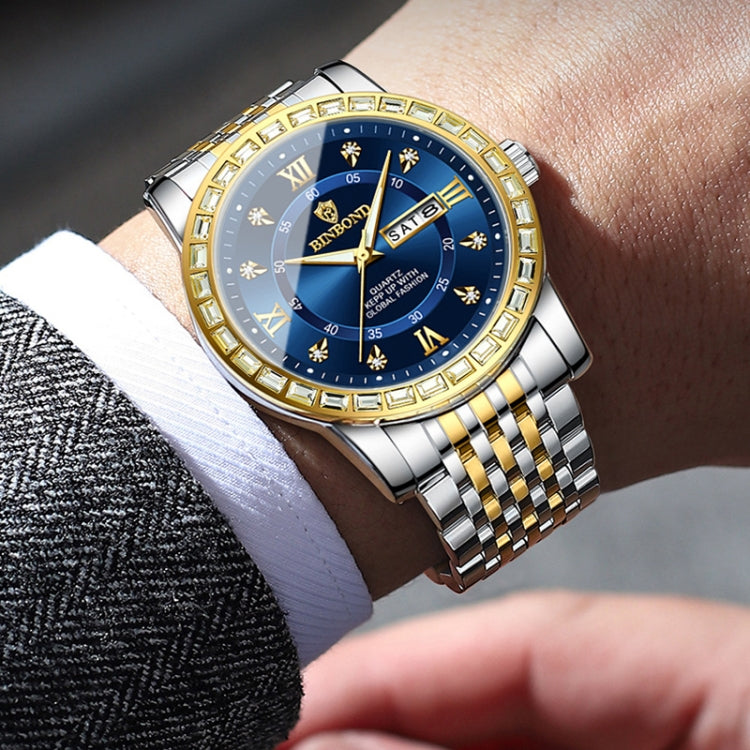 BINBOND B2202 Diamond Dual-calendar Luminous Quartz Watch, Inter-gold-Blue, Inter-gold-Green, Inter-gold-Black, Inter-gold-White, Full-gold-Gold, Full-gold-Black, White Steel-Blue, White Steel-Black
