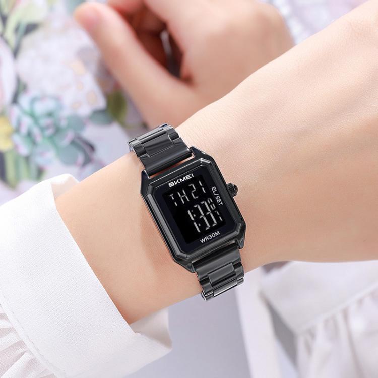 SKMEI 2493 Small Women Electronic Watch Square Steel Strap Watch, Gold Case White, Gold Case Black, Silver Case White, Silver Case Black, Black Case White, Black Case Black