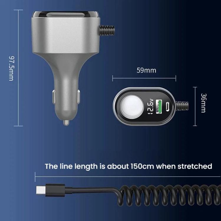 120W Car Cigarette Lighter With Voltage Display Car Phone Charger With Spring Cable, GE09