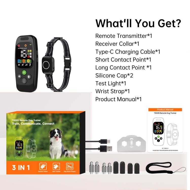 T800S 3-In-1 Remote Dog Trainer Bark Collar With Two-Way Communication Displays Dog Status & Activity Monitor, T800S