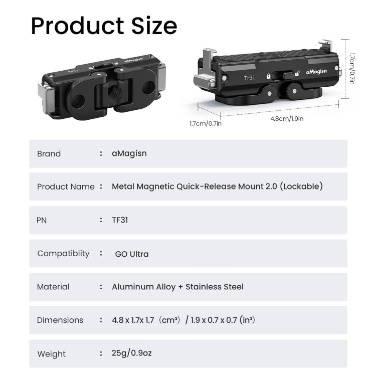For Insta360 GO Ultra aMagisn Metal Magnetic Quick Release Mount 2.0 Lockable Adapter, For Insta360 GO Ultra