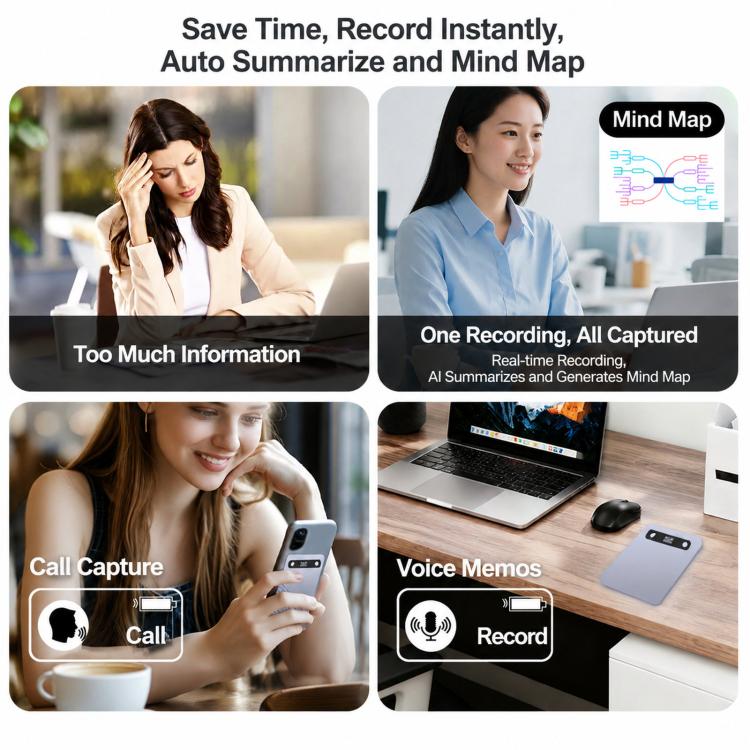 B86 Intelligent Noise-Reduction & Transcription Card-Shaped Voice Recorder, Bluetooth Magnetic AI Translator, 32GB, 64GB, No Memory Card