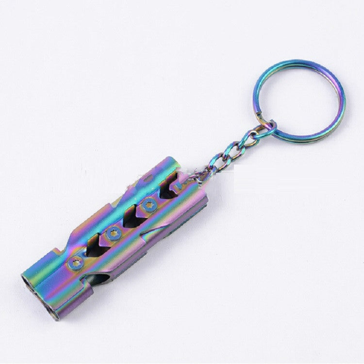 Outdoor High-decibel Stainless Steel Self-protection Double Tube Survival Whistle with Key Ring, Whistle (Silver), Whistle (titanium)