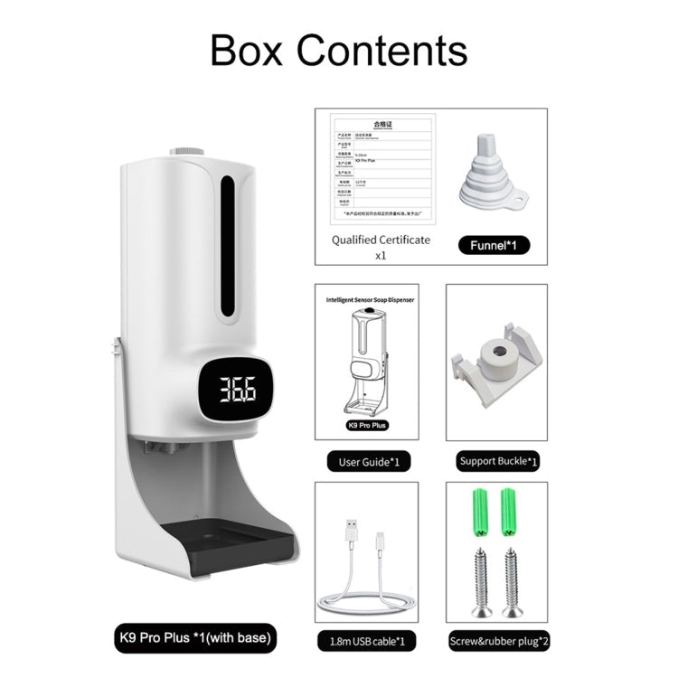 K9 Pro Plus Handsfree Non-contact Body Thermometer + 1000ml Automatic Non-contact Liquid Soap Dispenser with Base Mount, 15 Languages Voice Broadcast, K9 Pro Plus