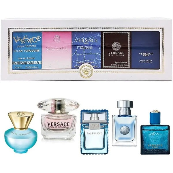 Versace Mini Set Gift Set 5ml Dylan Purple EDP + 5ml Bright Crystal EDT + 5ml Eau Fraiche EDT + 5ml Pour Homme EDT + 5ml Eros EDT