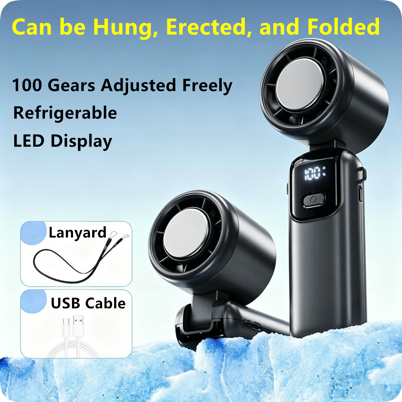 Portable Handheld Mini Turbo Fan In/Outdoor USB Rechargeable Ice Cooling Fans w/LED Display Fan